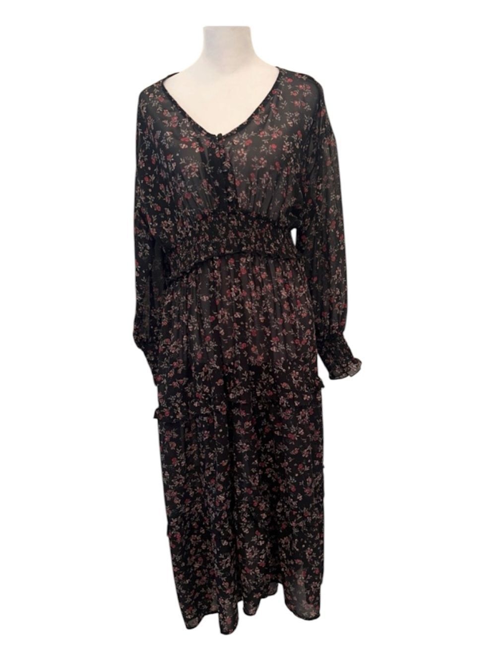 Time & Tru SzS Sheer Black Floral Smocked Waist Smocked Long Sleeve Maxi Dress